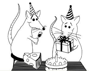 Zwei feiernde Mäuse mit Kuchen und Geschenk